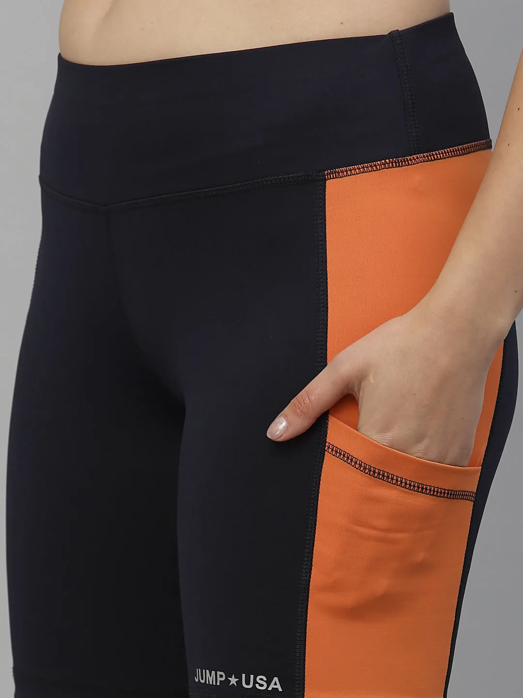 JUMP USA Women Navy Blue & Orange Rapid-Dry Fit Running Short Tights