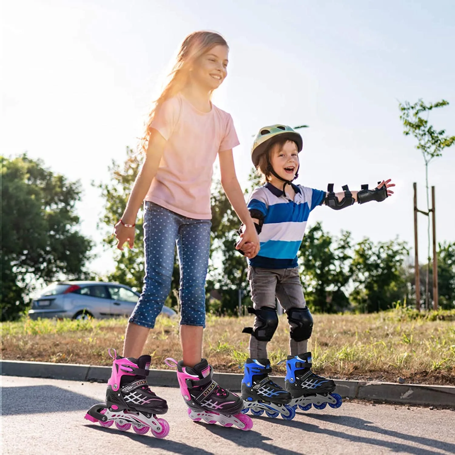 Kids Adjustable Inline Skates with Light Up Wheels Size33-37 Pink