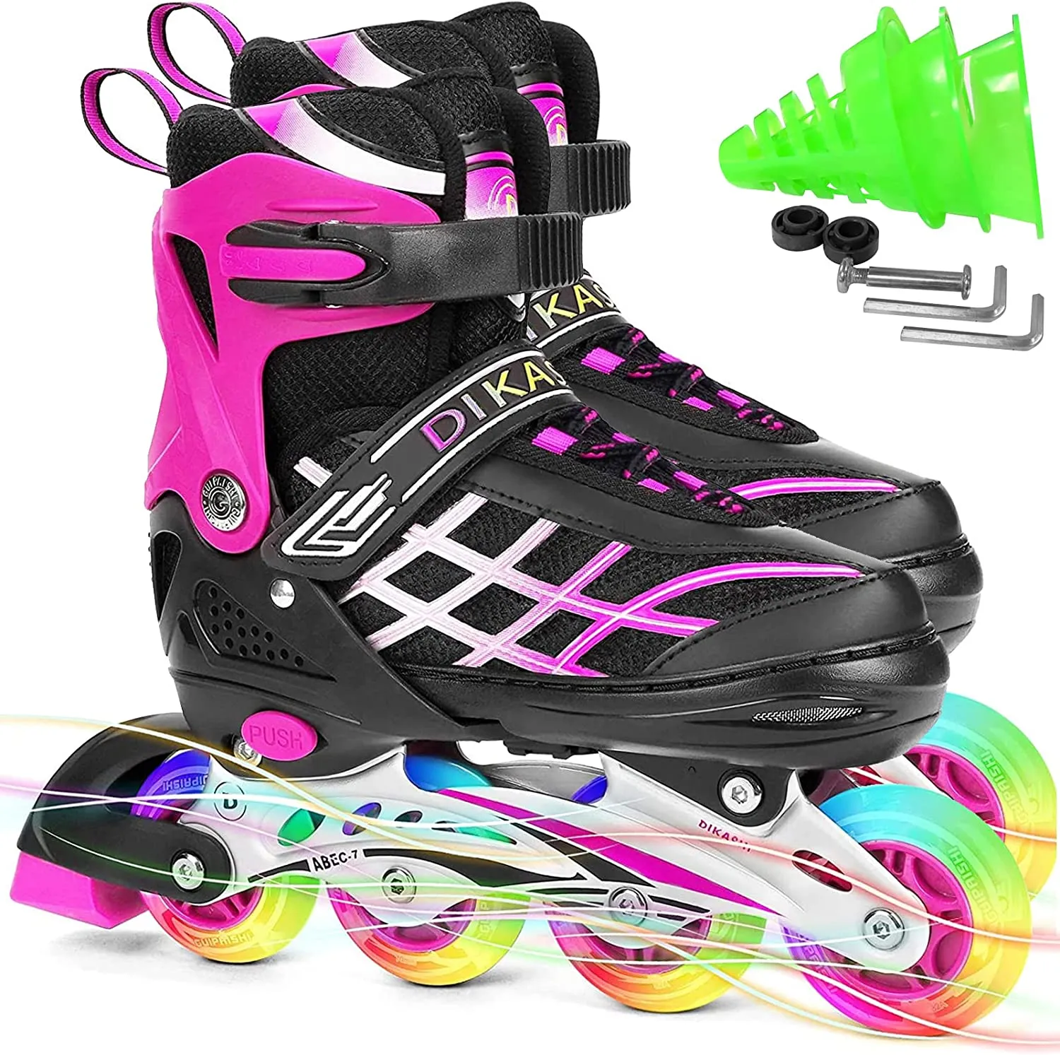 Kids Adjustable Inline Skates with Light Up Wheels Size33-37 Pink