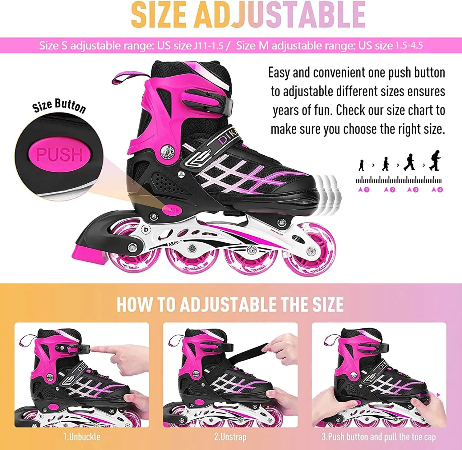 Kids Adjustable Inline Skates with Light Up Wheels Size33-37 Pink