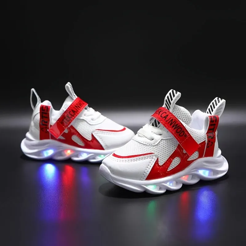 Kids' Fashion LED Light-Up Cartoon Sneakers with Hook and Loop Fastener, Breathable Low Top Sport Shoes with Disposable Button Battery for Boys, Fabric Uppers & Insole, PVC Sole - Applicable Age 14 & Under