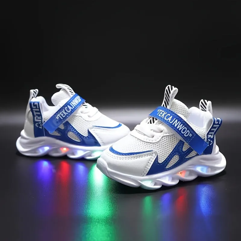 Kids' Fashion LED Light-Up Cartoon Sneakers with Hook and Loop Fastener, Breathable Low Top Sport Shoes with Disposable Button Battery for Boys, Fabric Uppers & Insole, PVC Sole - Applicable Age 14 & Under