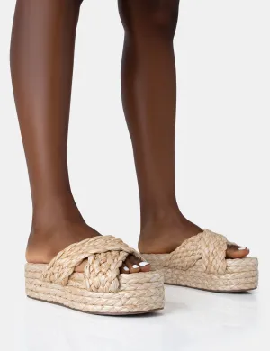 Kos Natural Raffia Cross Over Strap Slip On Flatform Sandals