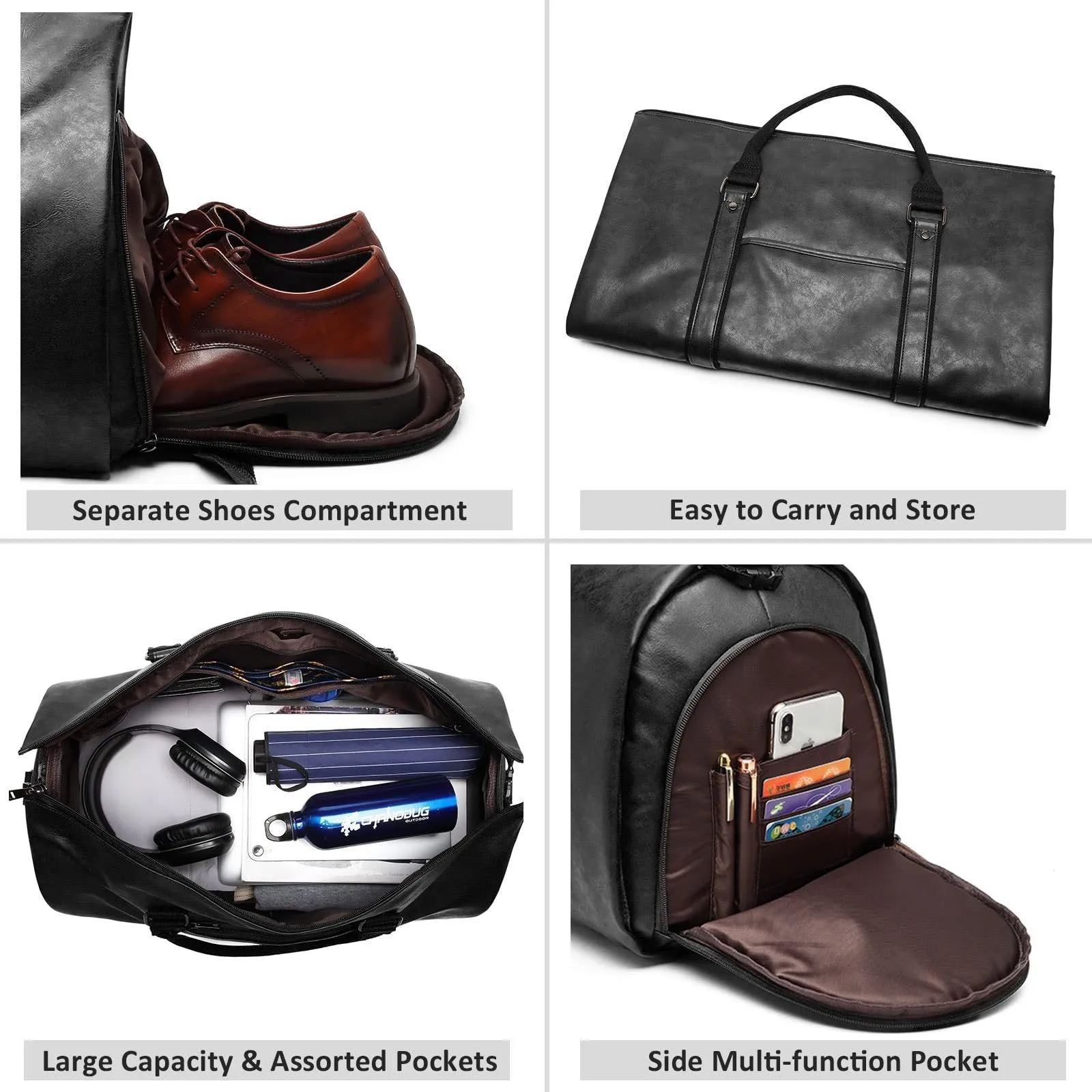 Men's PU Leather Waterproof Large Capacity Leisure Travel Luggage Duffle Weekend Bag With Shoes Compartment