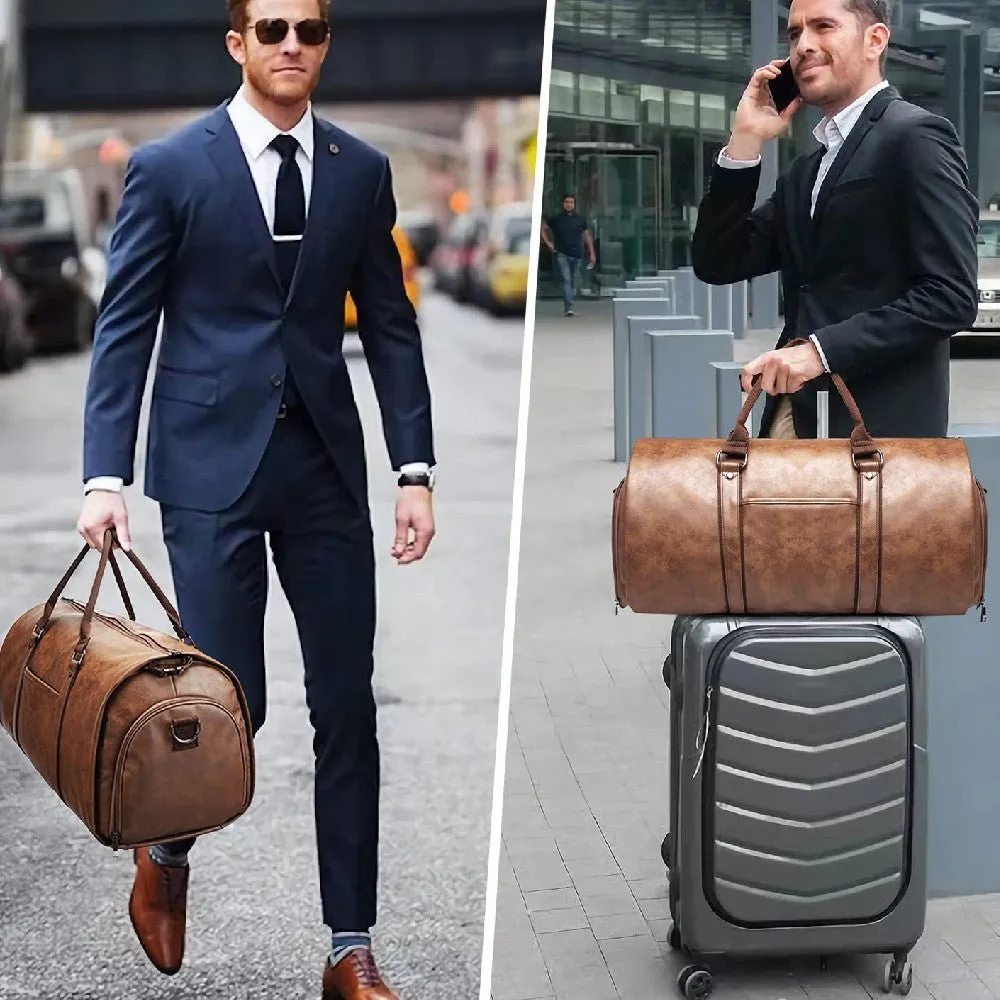 Men's PU Leather Waterproof Large Capacity Leisure Travel Luggage Duffle Weekend Bag With Shoes Compartment