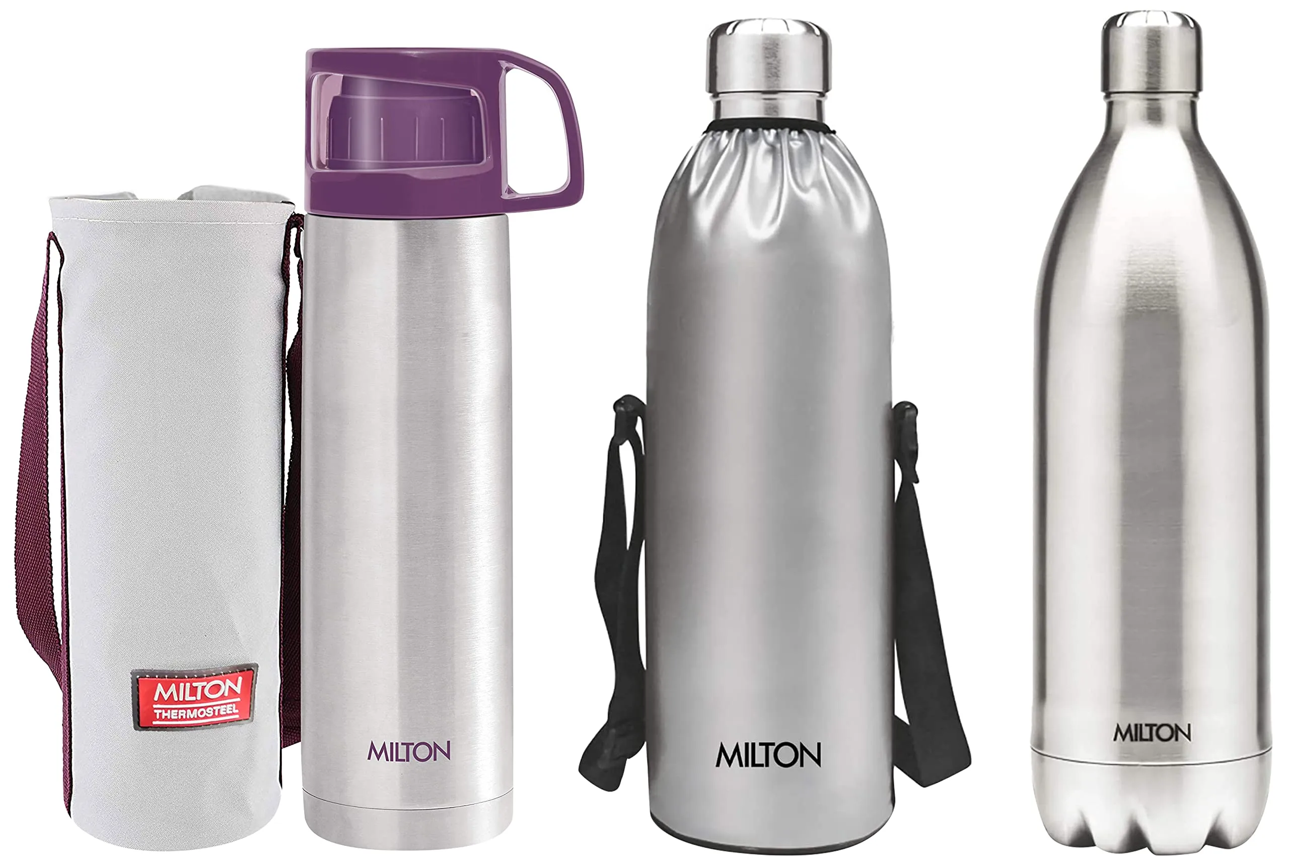 Milton Glassy Thermosteel 1000ml Vacuum Flasks - Purple & Thermosteel Duo DLX 1800 Stainless Steel Water Bottle, 1.8 Liters, Silver