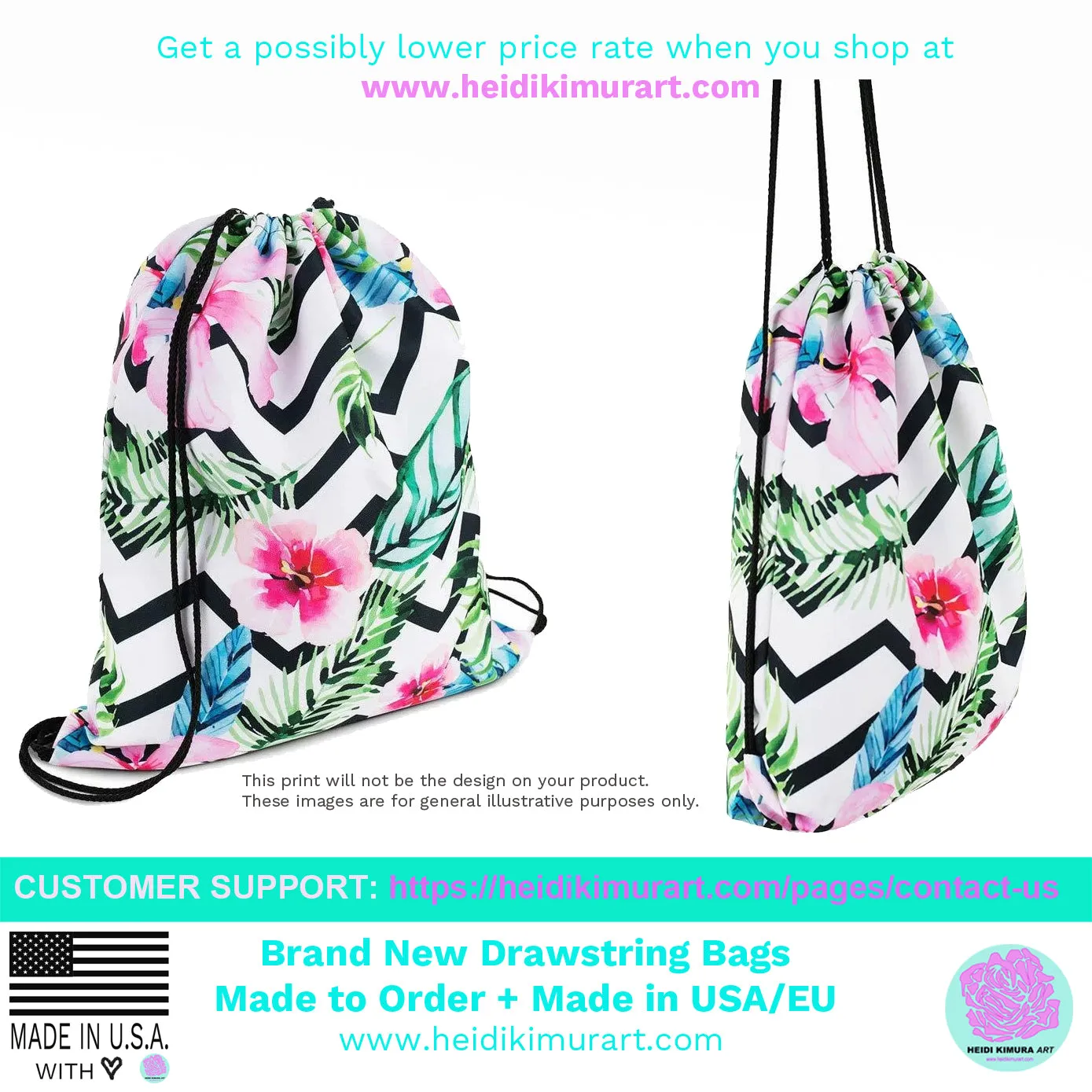 Modern Zebra Animal Print White Black Travel 15”x17” Drawstring Bag- Made in USA/EU