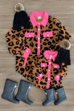 Mom & Me - Pink Corduroy Leopard Sherpa Shacket