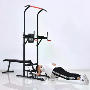 Multifunction Power Tower Home Workout Dip Station w/ Sit-up Bench Push-up Bars and Tension Ropes Fitness Equipment Office Gym Training