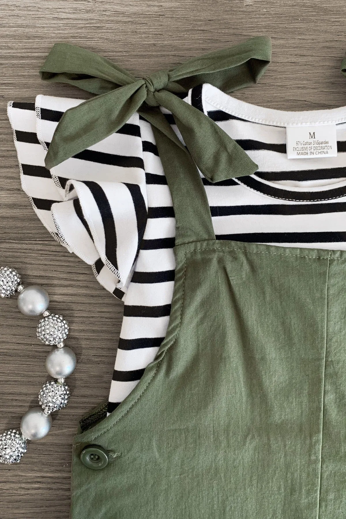 Olive Green Stripe Romper Set