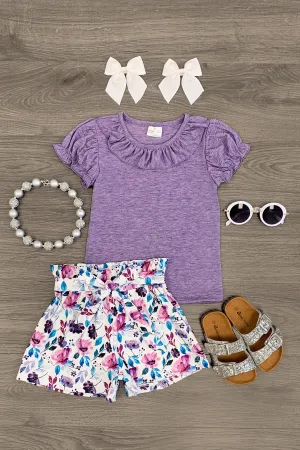 Purple & White Floral Tie Short Set