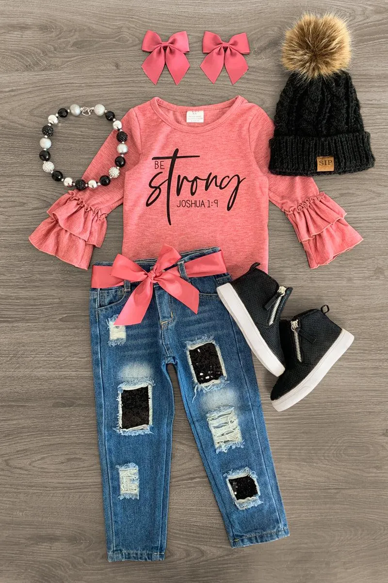 "Be Strong" Pink Sequin Denim Pant Set