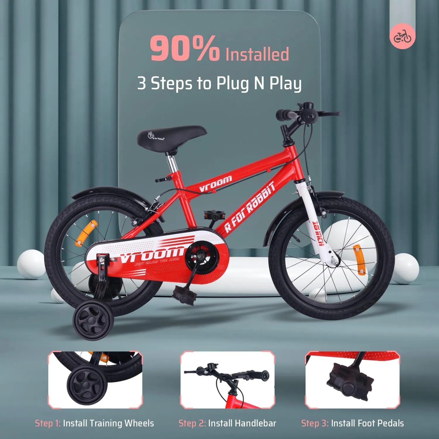 R for Rabbit Vroom Bicycle for Kids Cycle for 4 to 7 Years Boys & Girls 16T Inches | with Training Wheels| 90% Installed (Red)