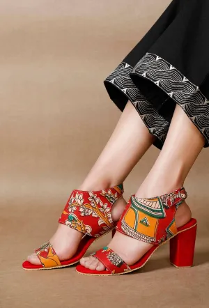 Red Cotton Kalamkari Strappy Block Heels