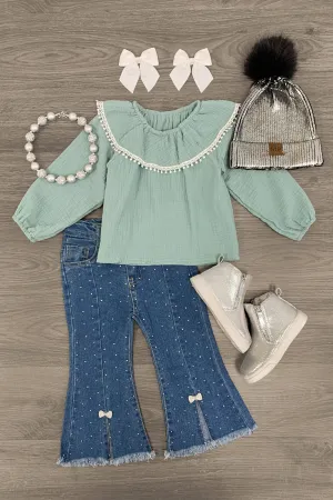 Seafoam Green Rhinestone Bow Denim Flare Set