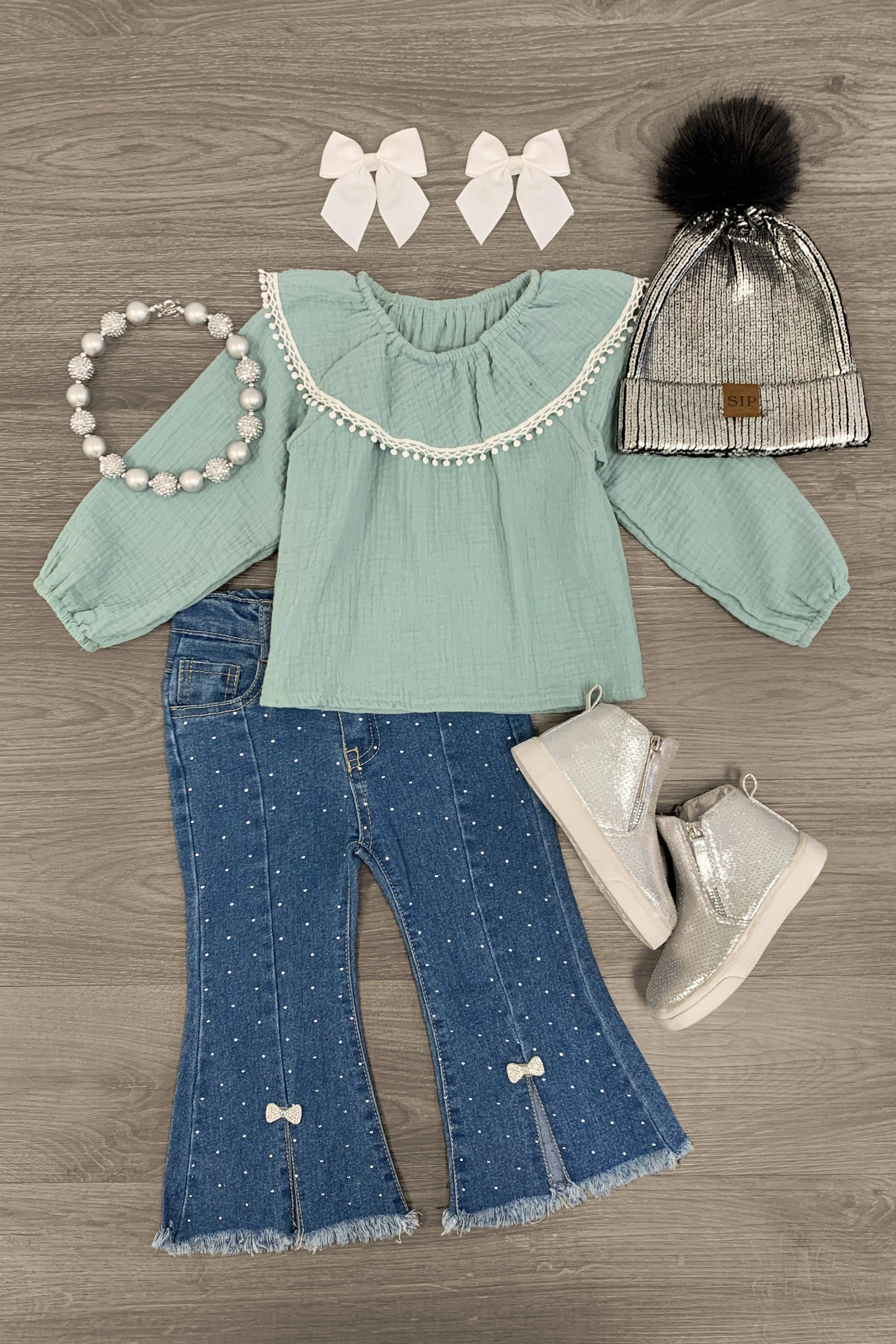 Seafoam Green Rhinestone Bow Denim Flare Set