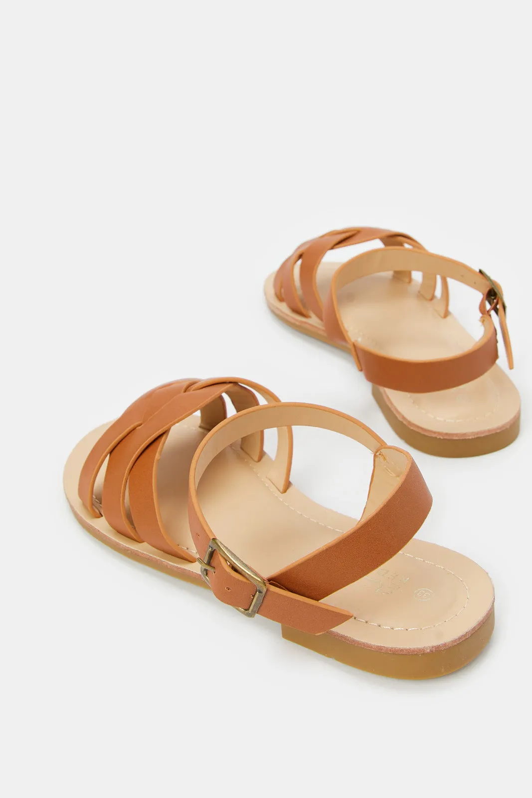 Senior Girls Brown Plain Crossover Strap Sandal