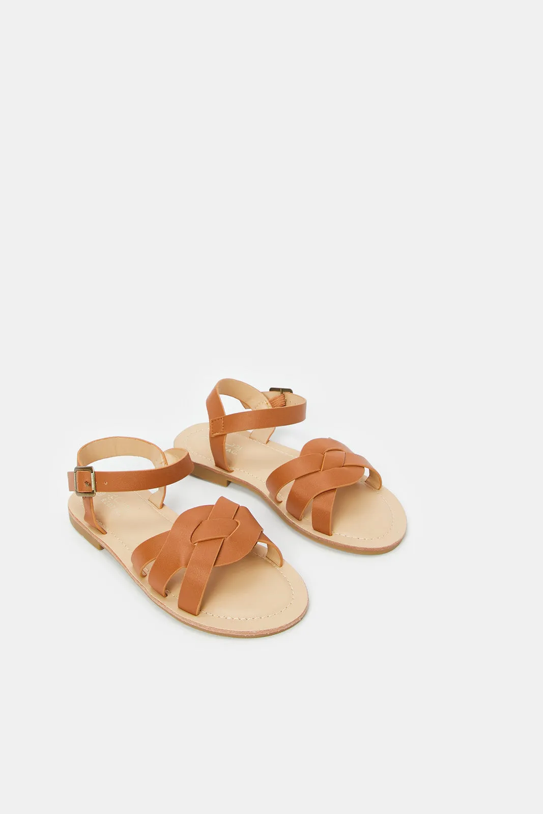 Senior Girls Brown Plain Crossover Strap Sandal