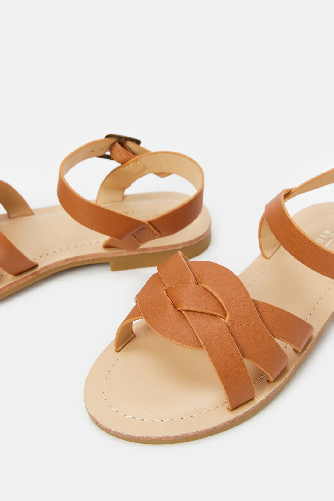 Senior Girls Brown Plain Crossover Strap Sandal