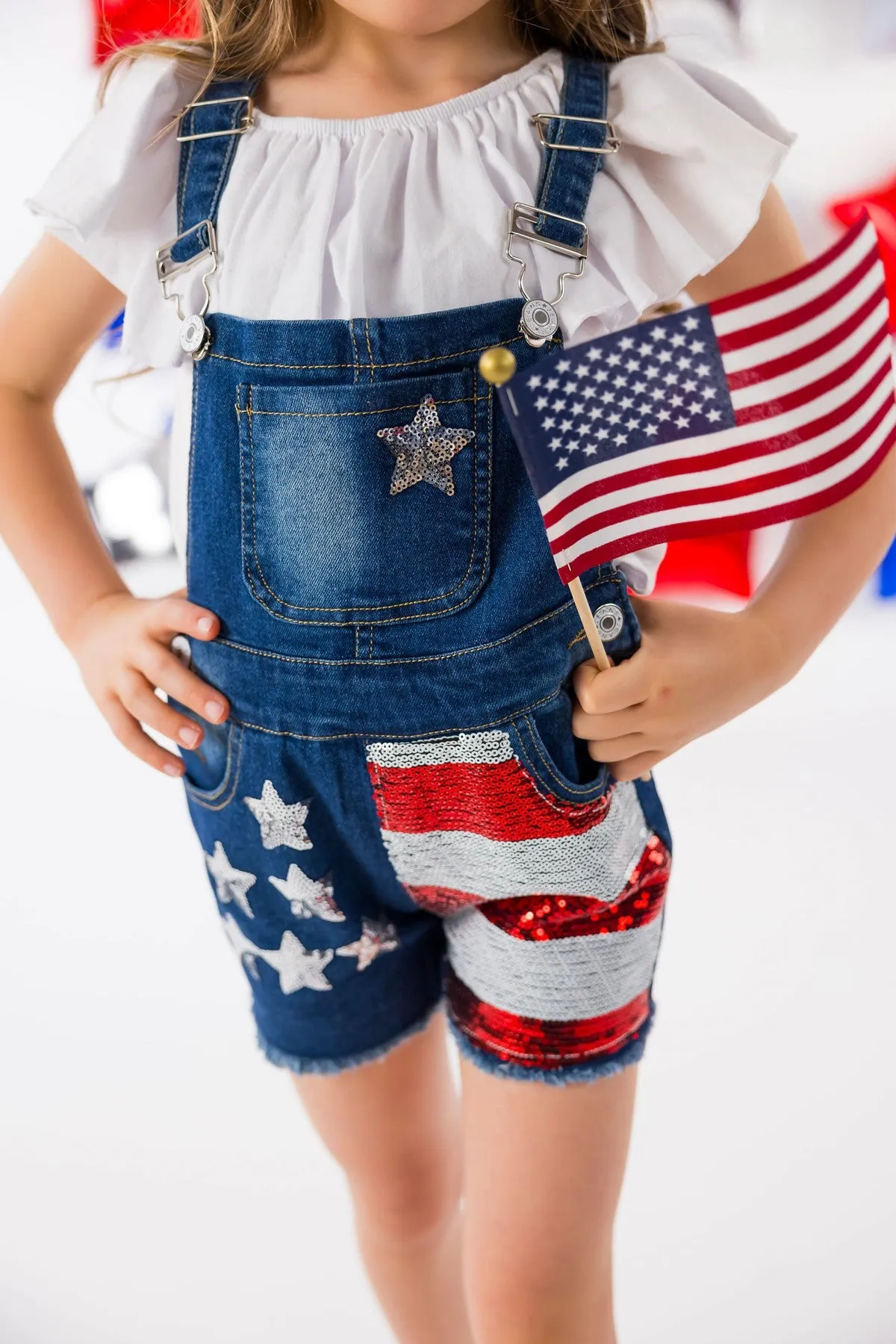 Stars & Stripes Sequin Denim Overalls