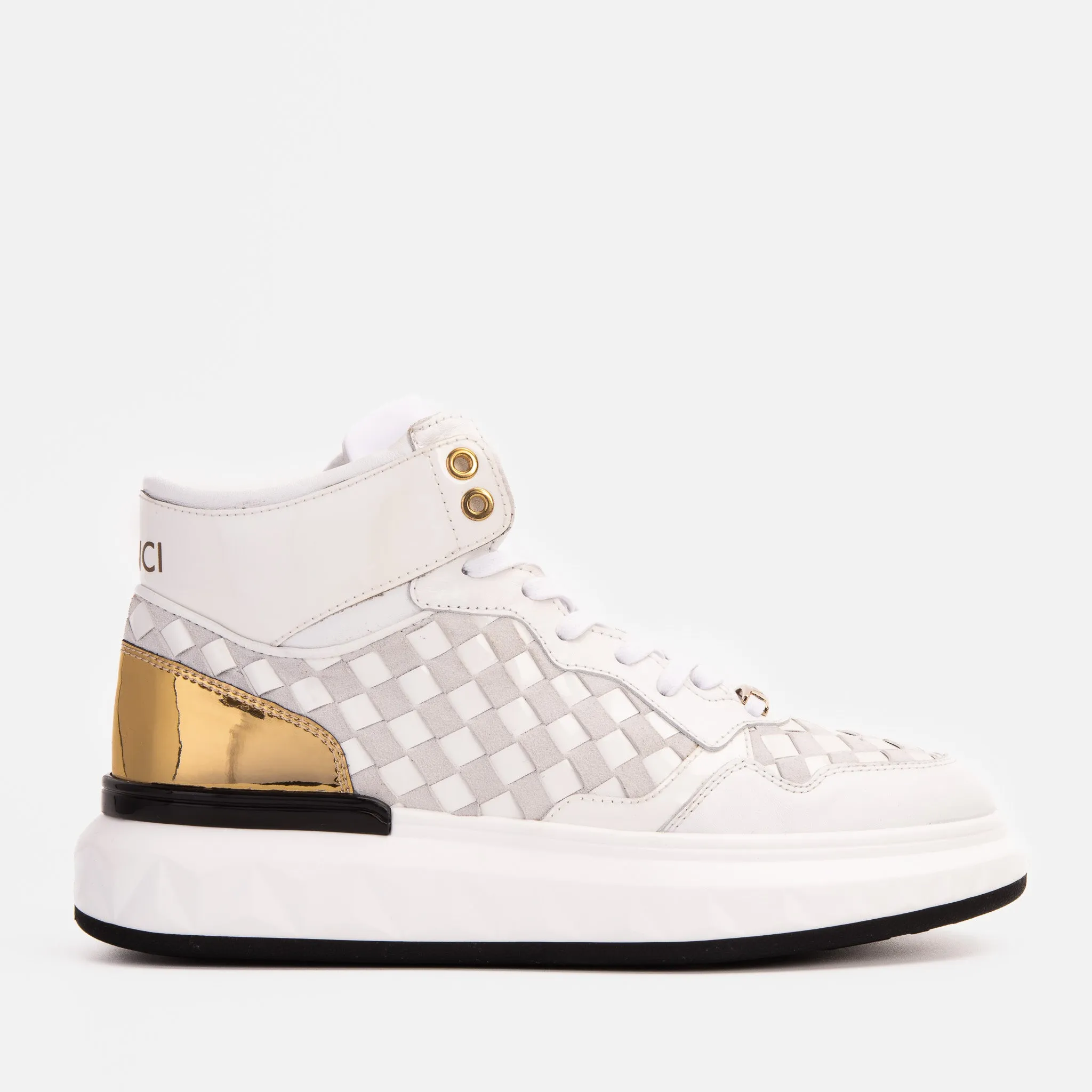 The Eugene White & Gold Woven Leather High-Top Men Sneaker