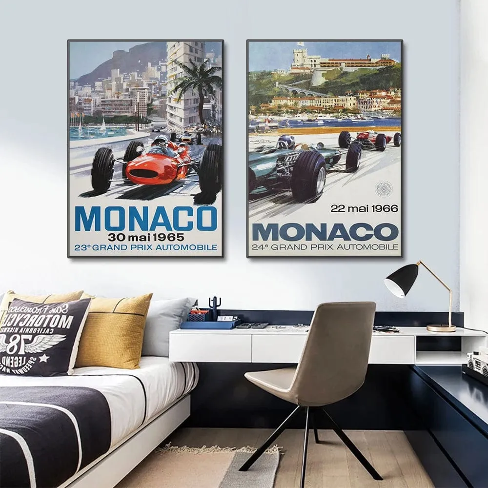 Vintage Car Racing Monaco Formula One Grand Prix F1 Race Canvas Painting Art Prints