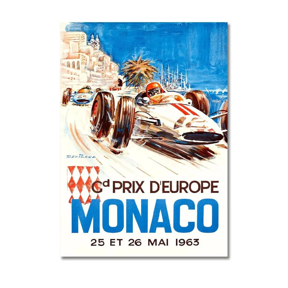 Vintage Car Racing Monaco Formula One Grand Prix F1 Race Canvas Painting Art Prints