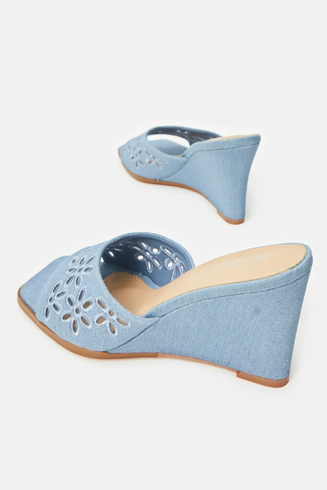 Women Blue Denim Cutout Wedge