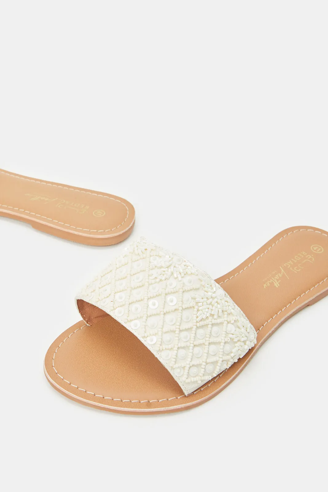 Women Ivory Satin Embellished Mule