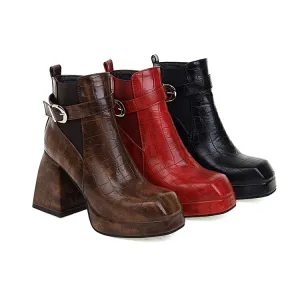 Women's Pattern Pu Leather Belts Buckles Block Heel Platform Short Boots