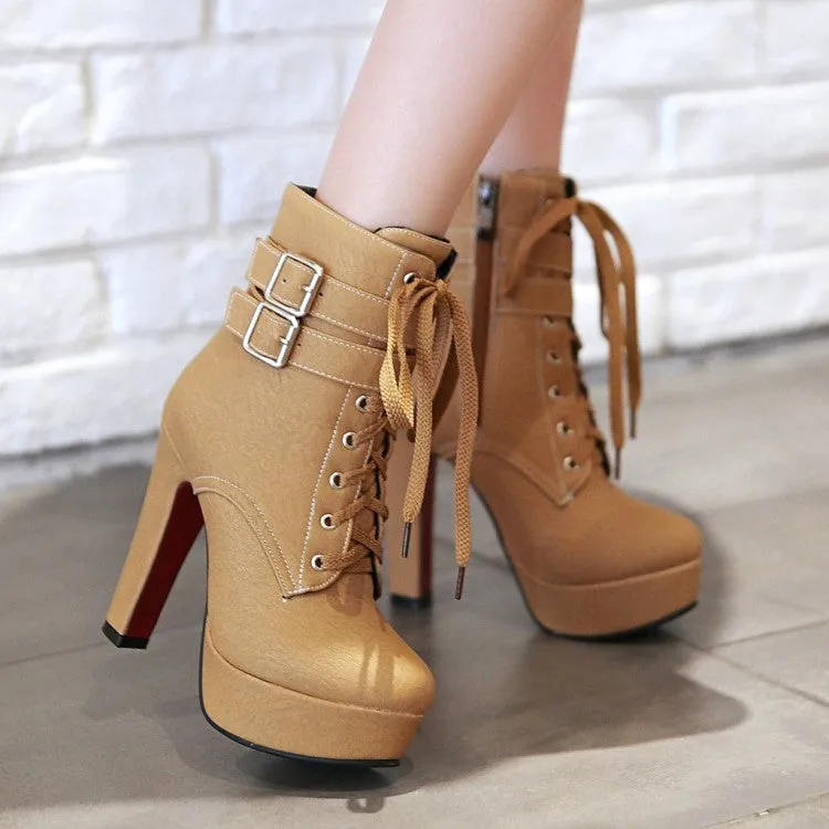 Women's Pu Leather Round Toe Tied Belts Buckles Chunky Heel Platform Short Boots