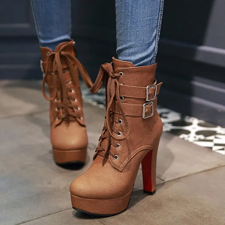 Women's Pu Leather Round Toe Tied Belts Buckles Chunky Heel Platform Short Boots