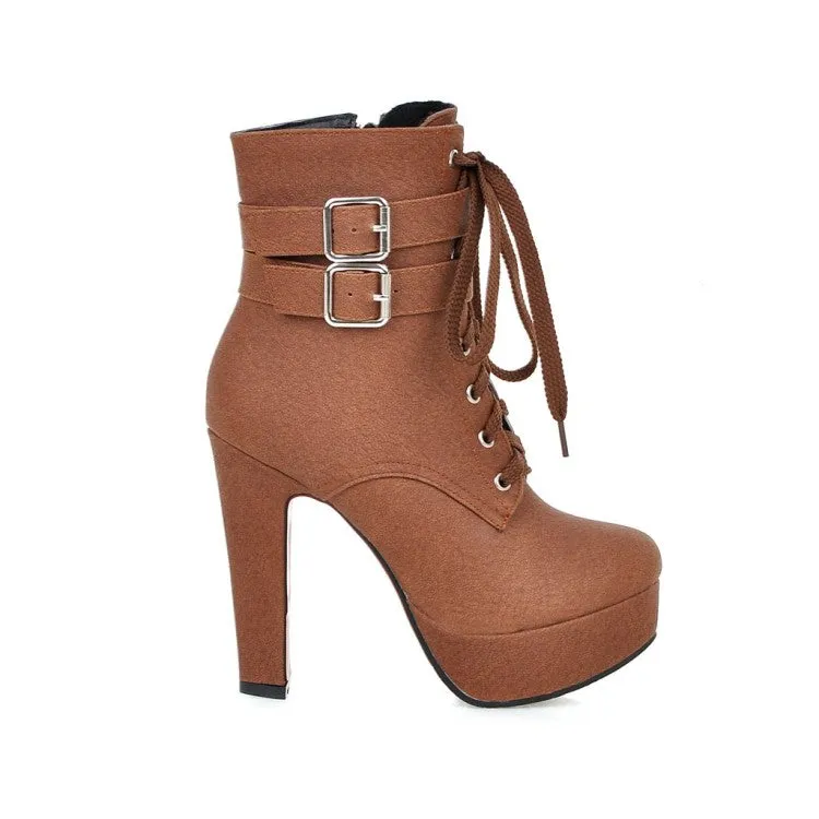 Women's Pu Leather Round Toe Tied Belts Buckles Chunky Heel Platform Short Boots