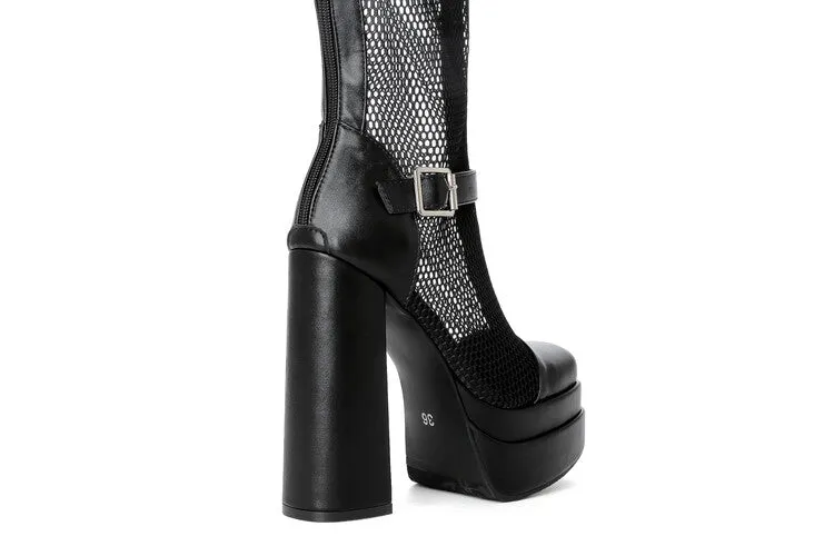 Women's Square Toe Mesh Buckle Zipper Block Platform Mid Calf Boots