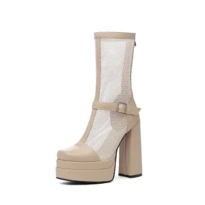 Women's Square Toe Mesh Buckle Zipper Block Platform Mid Calf Boots