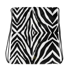 Zebra Drawstring Bag, Black White Zebra Animal Print 15”x17” Travel Bag- Made in USA/EU