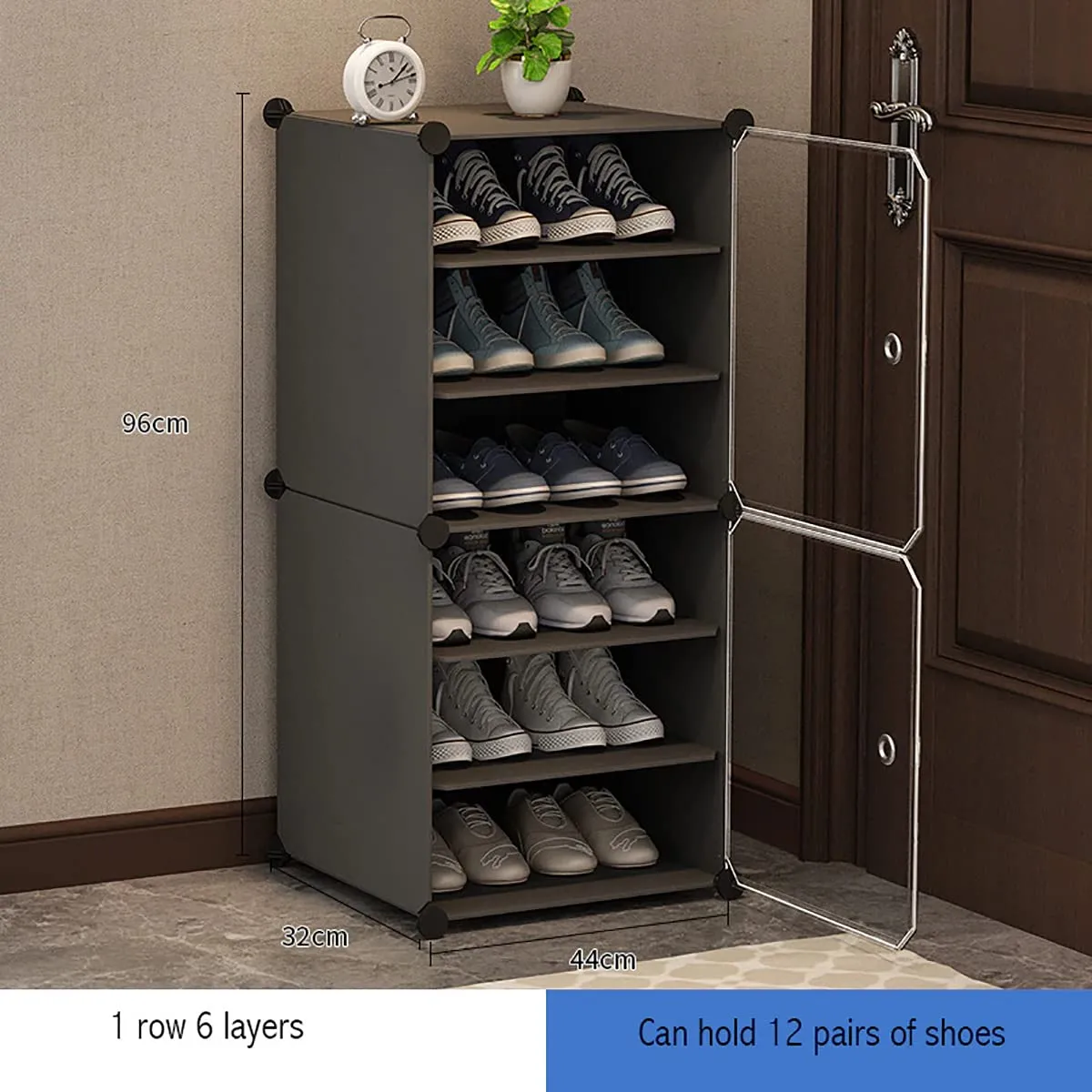 Zemic DIY Shoe Storage Cabinet, Plastic Shoe Rack Organiser to 30 Pair Shoes, foldable Shoe Storage with Shelves and Door for All Kinds of Shoes, Books, Toys and Clothing (6-Shelf, Grey)